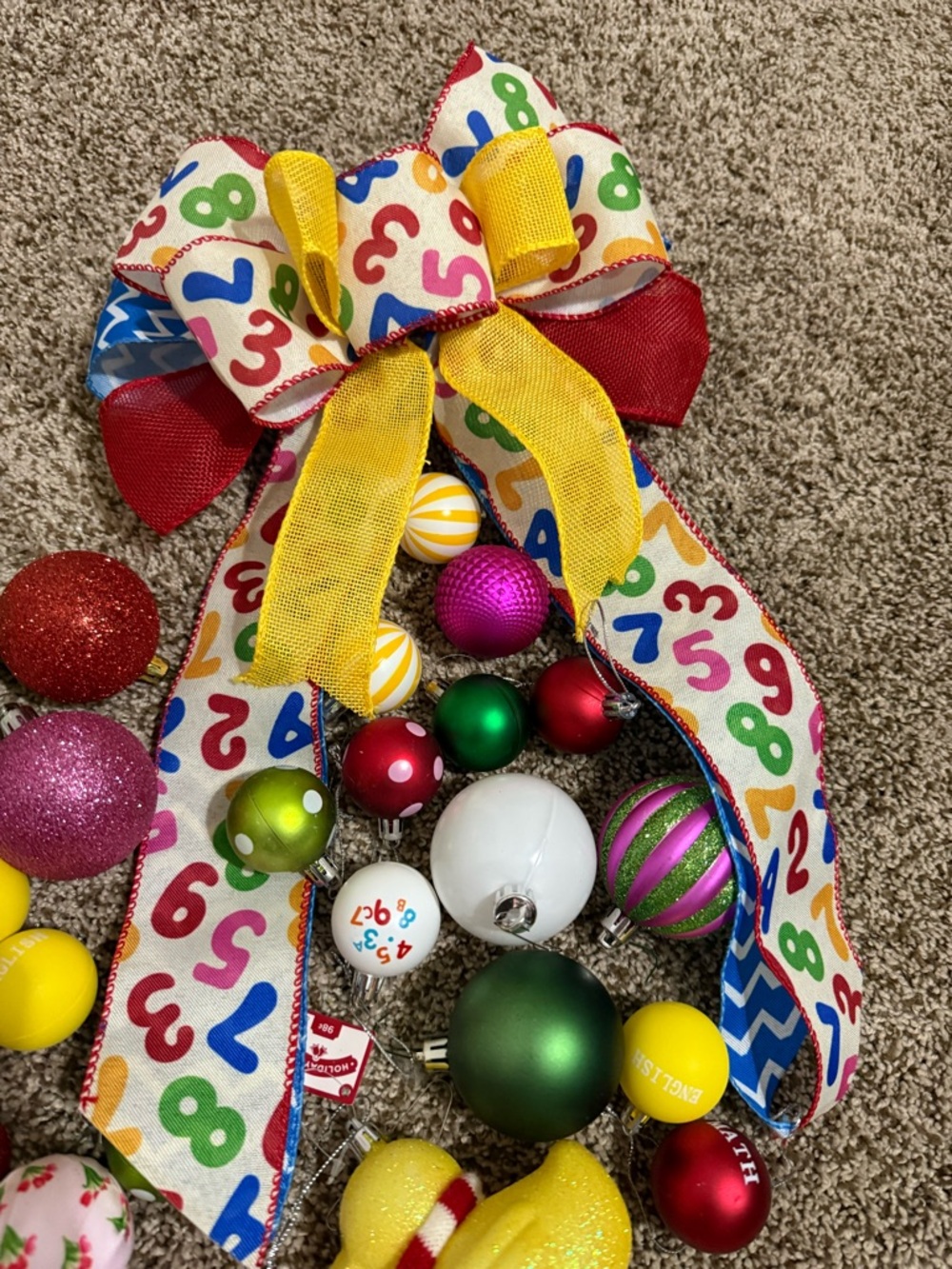 Back to school Tree Ornaments Number Print Holiday Bow with Yellow Accent